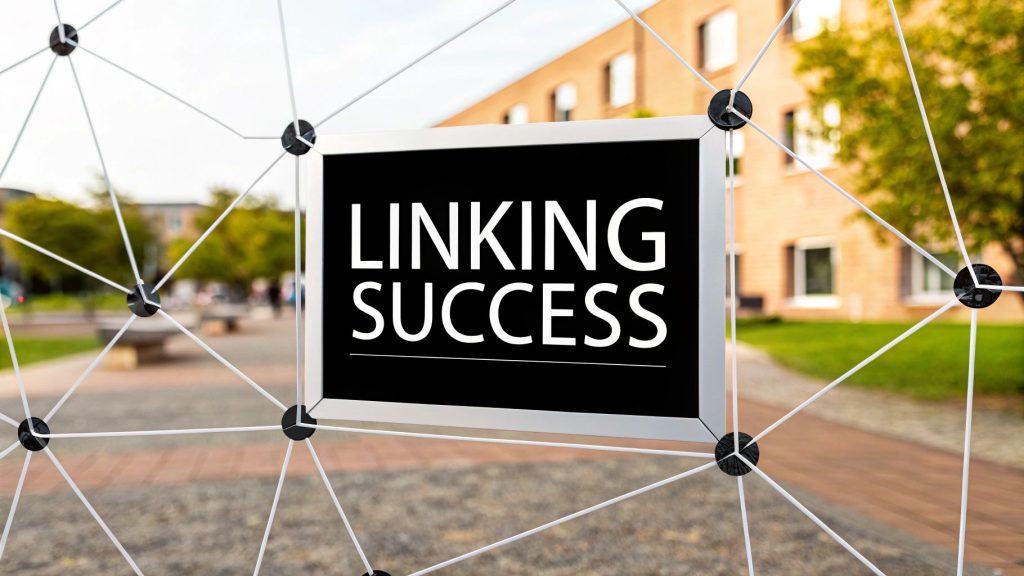 Sign reading 'Linking Success' with office background.